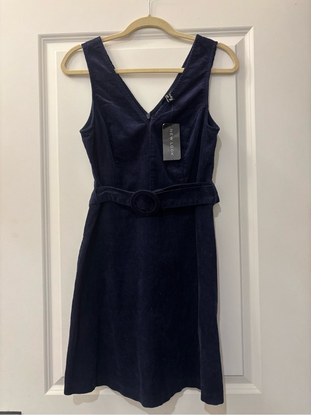 New Look Navy V-Neck Corduroy Belted Mini Dress